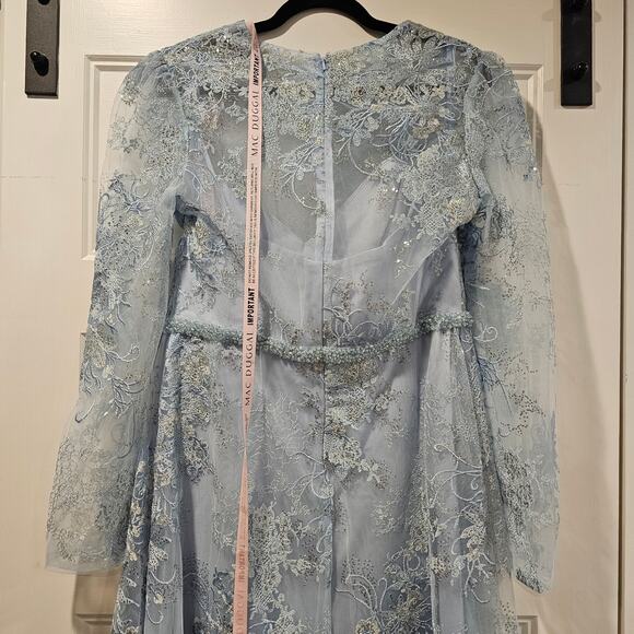 Mac Duggal 68020 Blue Embellished Lace Long Sleeve Beaded Midi Dress Size 12 - Picture 6 of 9